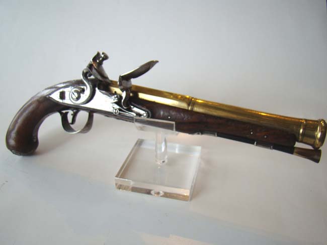 A Revolutionary War period silver mounted brass barreled flintlock Naval officer's pistol — image 10